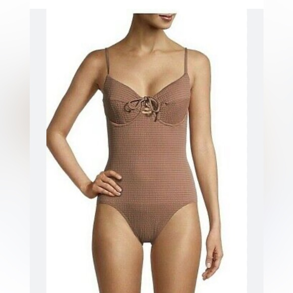 NWT TIME AND TRU UNDERWIRED SMOCKED LACE UP FRONT BOW ONE PIECE SWIMSUIT SIZE S - Picture 4 of 12
